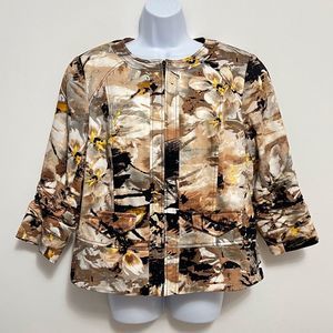 ColdWater Creek Abstract Floral Zip Up 3/4 Sleeve Jacket Size 14